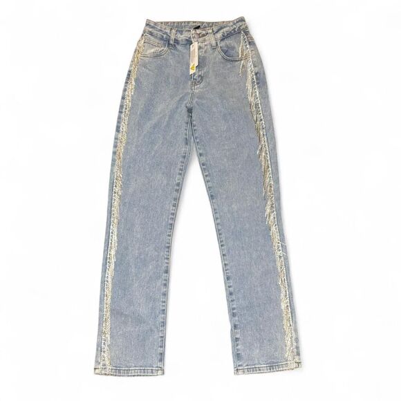 Windsor She Glistens High-Rise Rhinestone Side Fringe Denim Jeans Size 1 - Picture 2 of 7